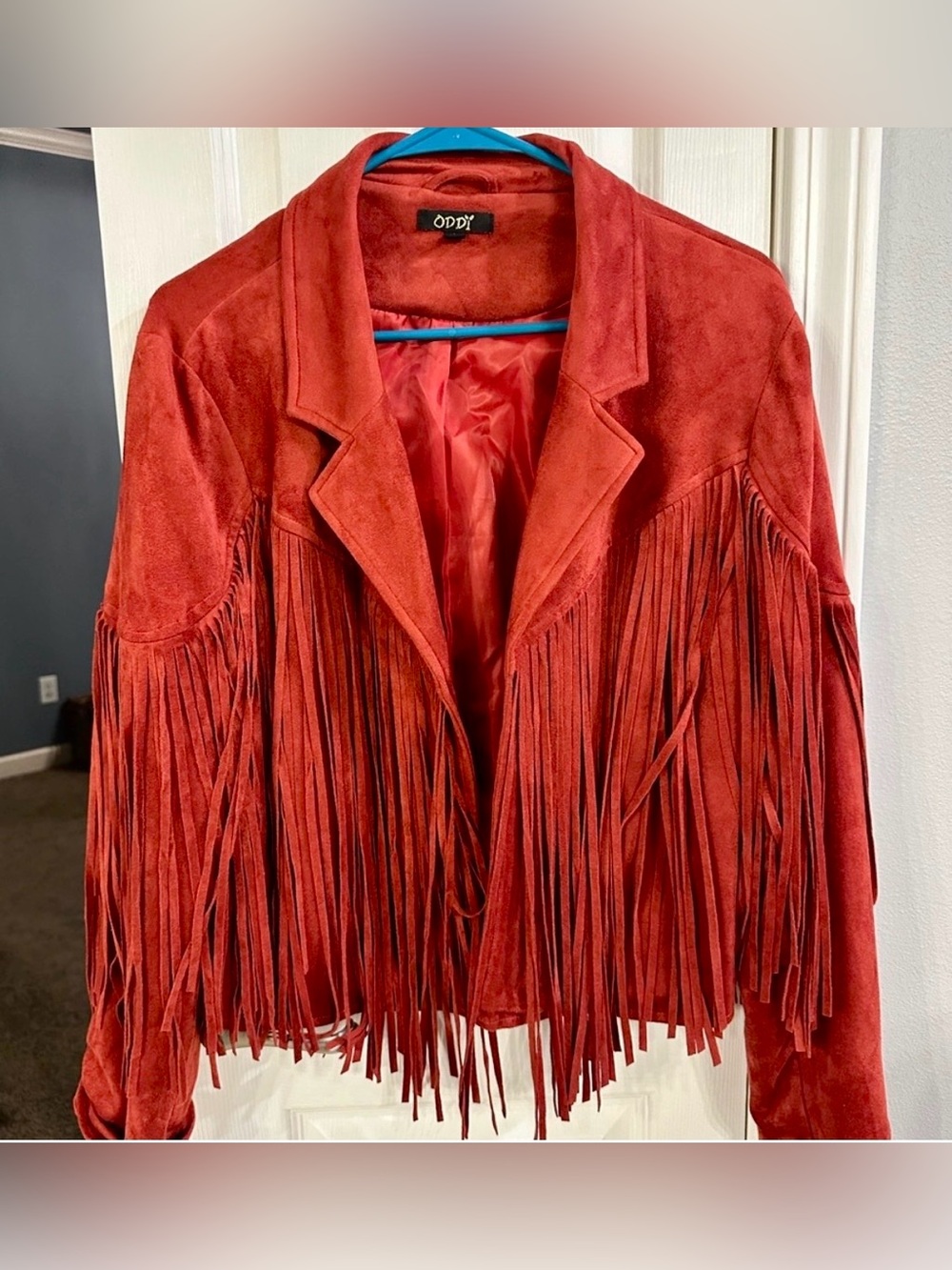 ODDY Red Suede Fringe Leather Jacket for Women